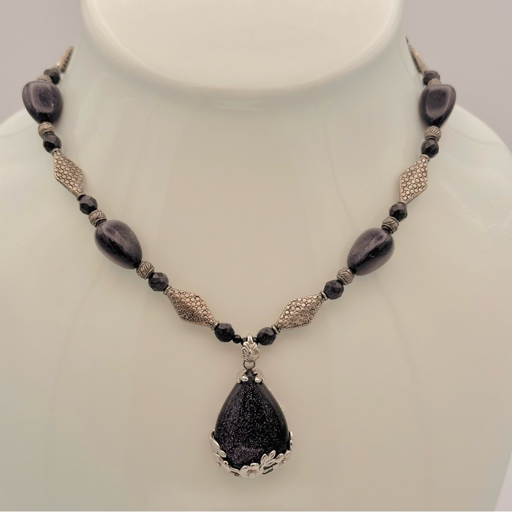 Blue Sandstone Natural Gemstone Blue and Silver Necklace